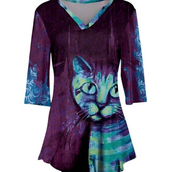 Tops - Purple & Turquoise Cat Three-Quarter Sleeve V-Neck Tunic - Size L